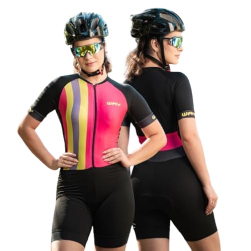 Macaquinho de Ciclismo Feminino Proteção UV Acolchoado Espuma Mix de Listras Rosa Mulher (Mix de Lis