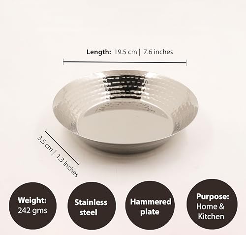 Image of Spillbox Stainless Steel Hammered Parat Lunch Plate Set - Quarter, Snack, Nasta, Dessert, Side Dish - Mirror Finish, BPA Free - Set of 2