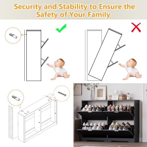 Image of BORNOON Large Shoe Cabinet for Entryway, Shoe Rack Cabinet with 4 Flip Drawer and Adjustable Shelves for Small Apartment, Foyer