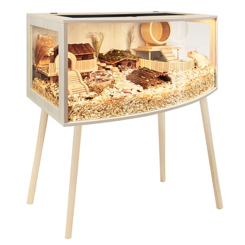 Prolee Hamster Cage with Curved Design Chew Proof Wooden Hamsters Enclosure with Leg Stand and Openable Top or Gerbils Hamster Habitat