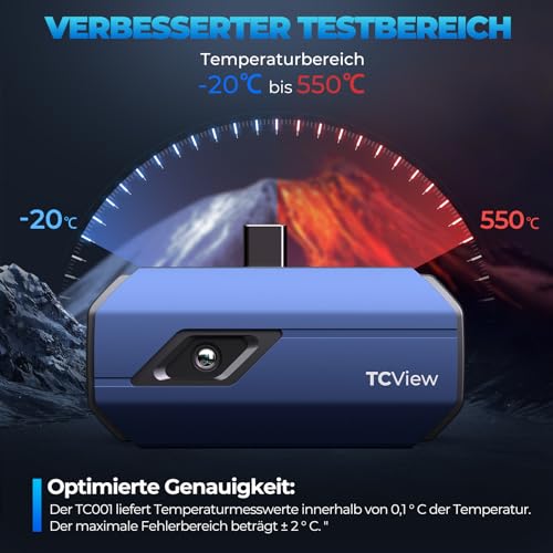 TOPDON Wärmebildkamera -TC001, 512x384 TISR Auflösung, ＜40mK Wärmeempfindlichkeit, 25Hz, Testbereich -20 ℃ bis 550 ℃, 0,1 ℃ Testpräzision, entwickelt für Android phones/Tablets und Windows Laptops