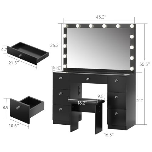 VOWNER Vanity with Lighted Mirror - Makeup Vanity Desk with Glass Top, 7 Drawers and Power Outlet, 3 Color Lighting Modes Adjustable Brightness, 44" Vanity Table with Stool for Women Girls, Black