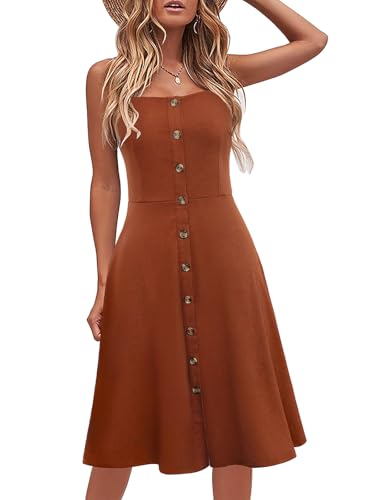 Berydress Women's Casual Beach Summer Dresses Solid Cotton Flattering A-Line Spaghetti Strap Button Down Midi Sundress (M, 6046-Brown)