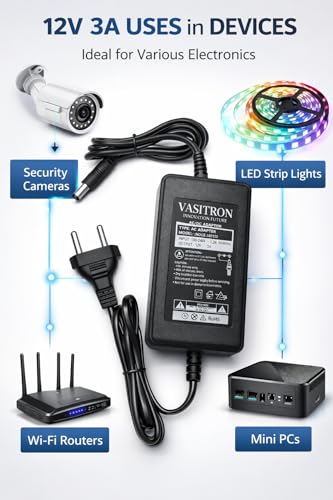 Image of 12V 3Amp DC Power Supply Adapter, Table Top 12 Volt 3A SMPS for CCTV Camera, LCD Monitor, TV, LED Strip Light, DVR, NVR, Setup Box Broadband, Routers for Home & Commercial Security Systems