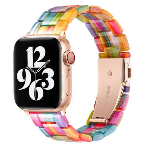 Image of Bestig Resin Band Compatible with Apple Watch Bands for Women 40mm 38mm 41mm 42mm(Series 11 10), Lightweight Waterproof Strap for iWatch Series 10 9 8 7 6 5 4 3 2 1 SE Men(Rainbow)