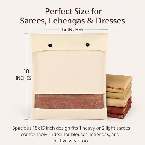 Image of DALUCI Cotton Saree Cover for Storage | Saree Bags (18x15 Inch) with Button Closure & Transparent Mesh Window | 100% Washable Fabric Clothes Organizer for Storage | Wardrobe Organiser (Pack of 12)
