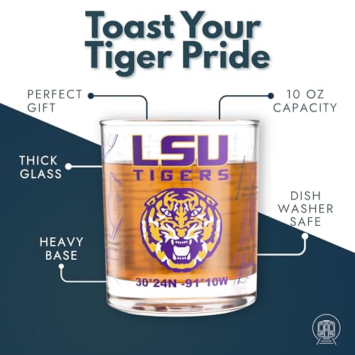 Image of Greenline Goods - University of LSU Tigers College Whiskey Glasses (Set of 2), 10 oz - Full-Color Logo + Campus Map
