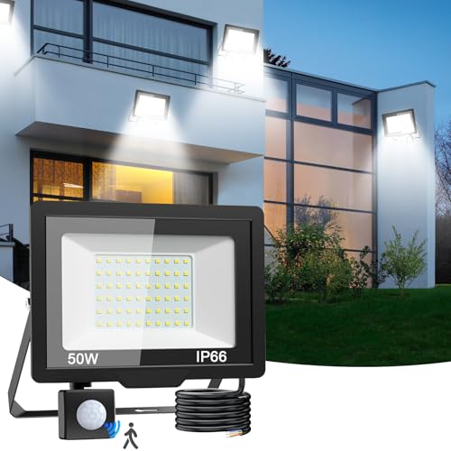 Moorstdel LED strahler mit bewegungsmelder außen, 50W LED Fluter Flutlichtstrahler, IP66 Wasserdicht Scheinwerfer, 6500K Kaltweiß Aussenlampe für...
