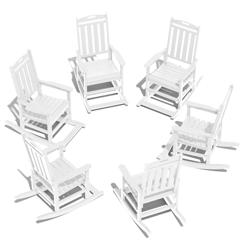 LOUNZY Outdoor Rocking Chair with Footboards Set of 6, HDPE Rocking Chair Patio Porch Rocker with 380lbs Support for Adult, White Set of 6 White