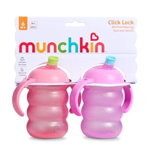 Munchkin Click Lock Bite Proof Trainer Sippy Cup, 8oz, 2 Pack, Pink/Purple | 6+ Months | Spill proof toddler cups with training handles and lid that locks with an audiable click - image 7