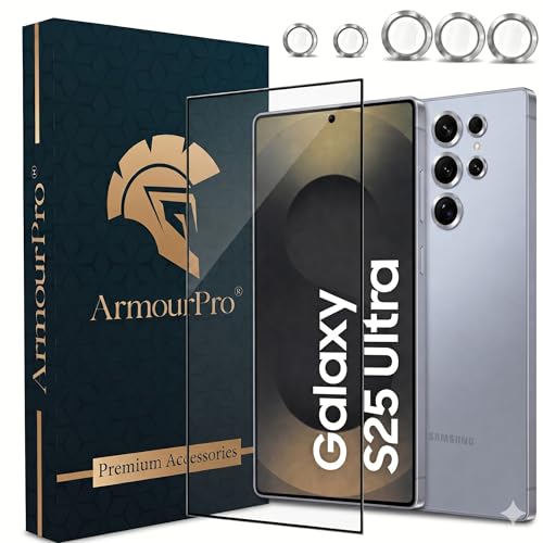 Image of ArmourPro Edge to Edge Tempered Glass for Samsung Galaxy S25 Ultra with Silver Camera Ring Guard, 9H Screen Protector, Anti-Scratch, Anti-Fingerprint, Bubble-Free Installation Kit