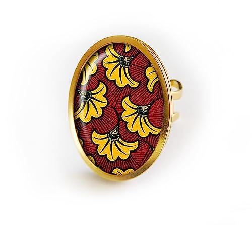 Bague wax jaune et rouge bijou femme cabochon Afrique ethnique
