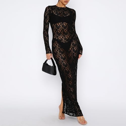 NUFIWI Women Vintage Y2k Lace Maxi Dress Long Sleeve See Through Mesh Bodycon Dress Floral Lace Maxi Long Slip4