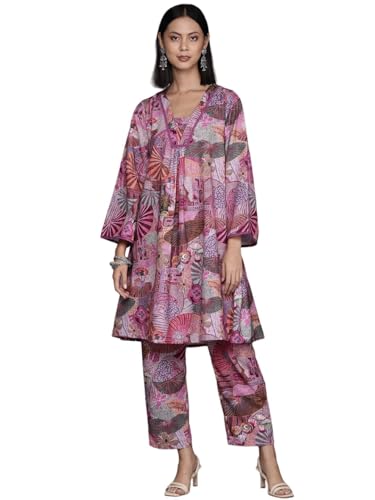 Kurta violet pour femme ensemble tunique col mandarin et pantalon imprimé taille L