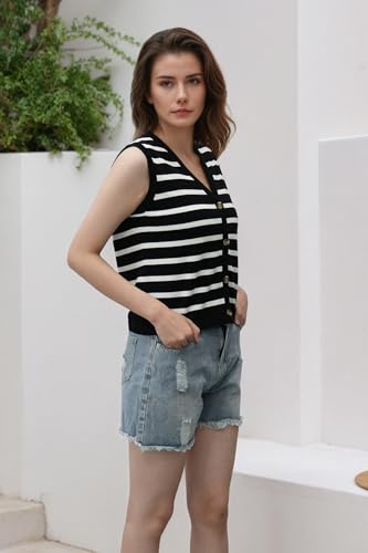 Image of Women's Striped Sweater Vest V-Neck, Fall 2025 Lightweight Cotton 100%, Vintage Button Cardigan Style Layering Staple for Turtlenecks & Jeans 18 Black S