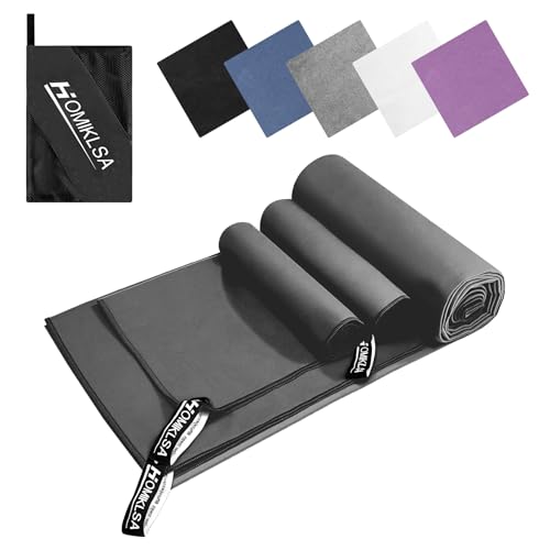 HOMIKLSA Mikrofaser Handtuch 3 Set - Groß 200×100cm & 2 Klein 80×40cm, Schnelltrocknend Microfaser Sporthandtuch, für Reisehandtuch, Badetuch, Fitness & Sport Handtücher und Strandtuch (Dunkelgrau)