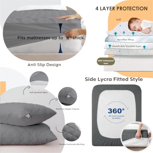 Image of AYKA Combo Pack Waterproof Mattress Protector & 2 Pillow Protectors | King Size 78x60 Inch | 100% Waterproof Quilted Bed Protector | Breathable, Noiseless Mattress & Pillow Covers | Grey