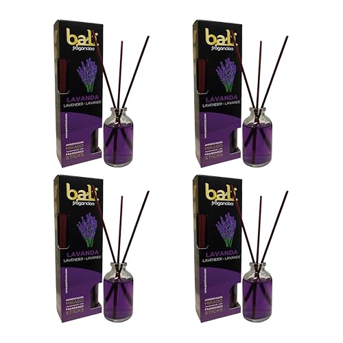 Pack de 4 Bali fragancias Ambientador Mikado LAVANDA Difusor con varillas de ratán para tu salón, comedor o cualquier estancia de tu hogar, fragancias seleccionadas, Aromaterapia, Perfumado (30 ml)