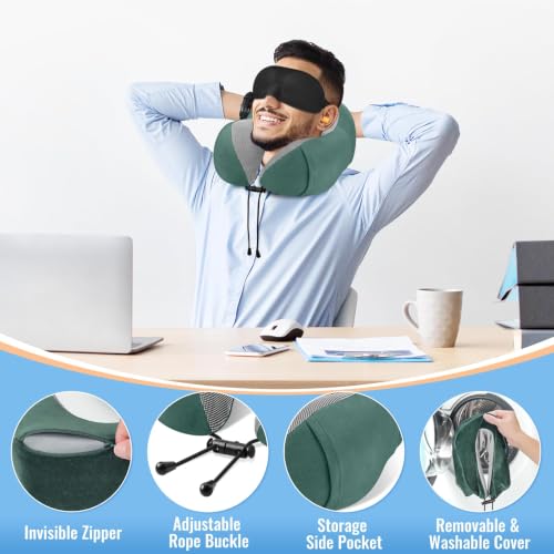Image of CloudBliss Travel Pillow for Airplane, Set of 2 Memory Foam Neck Pillow for Travel, Travel Neck Pillow for Long Flight, Car & Office, Trip Accessories with Eye Mask, Earplugs, Carry Bag, Black & Green