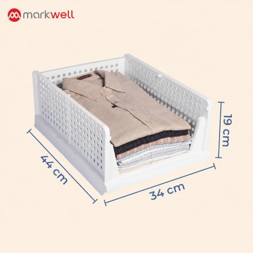 Image of MARKWELL 6 Layer Stackable Wardrobe Organizer for Clothes, Foldable Plastic Sliding Drawer Basket, Closet & Cupboard Storage for Shirts, Sarees, Towels & Toys, White, 44 x 33 x 19 cm