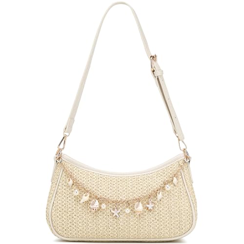 Straw Shoulder Bag for Women Raffia Summer Beach Bag Boho Woven Straw Shoulder Purse Crochet Vacation Purse Handbag