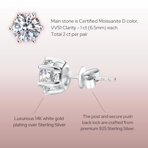 2ct Moissanite Stud Earrings, D Color VVS1 Clarity, Round Brilliant Cut, 14K White Gold Plated 925 Sterling Silver, 6-Prong Setting, Certified Stones4