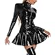 TUYMNI Damen Wetlook Minikleid PU Leder Bodycon Kleid Eng Lederkleid V Ausschnitt Tights Bodycon LederKleid Einteilige Glossy Hautenge Ledersuit Bühnenkostüm Erotik Sexy Clubwear(lange Ärmel)…