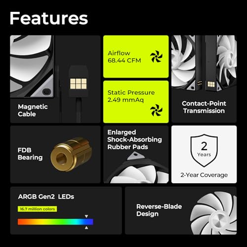 Image of Tryx 120mm Case Fan Reverse Blade ARGB PC Computer Quiet Fan 3in1 Cooler, Upgraded Pogo-Pin Connection with Magnetic Cable,ARGB Gen2 LEDs,New Version ROTA SL,Black