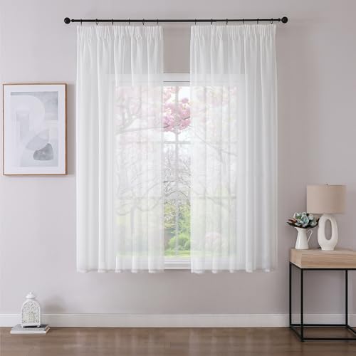 Joydeco 2er Set H175 x B140 cm Weiß Gardinen mit Kräuselband Sheer Voile Polyester Vorhänge Durchlässig Curtains Modern Schlafzimmer Living Room