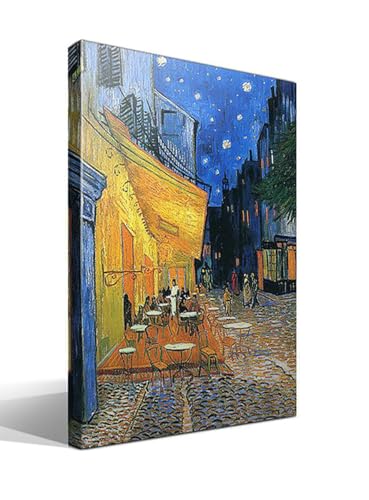 Cuadro wallart - Terraza de un Café en la Plaza Forum de Arlés por la Noche de Vincent Willem van Gogh - Impresión sobre Lienzo de Algodón 100% - Bastidor de Madera 3x3cm - Ancho: 75cm - Alto: 55cm