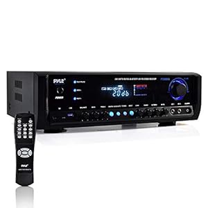 Pyle Wireless Bluetooth Power Amplifier System- 300W 4 Channel Home Theater Audio Stereo Sound Receiver Box Entertainment w/ USB, RCA, 3.5mm AUX, LED, Remote for Speaker, PA, Studio, Black – PT390BTU