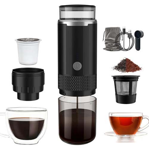 Aromilo 170ml Portable Travel Coffee Maker, 3-in-1 Camping Coffee Machine with USB-C for Travel Car,Cordless Battery Powered,Rechargable,Compatible with Ground Coffee,Capsules,Tea, 6OZ Cup,Black