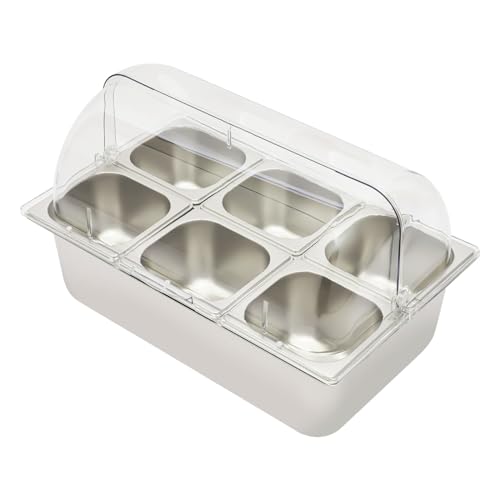 Cold Food Buffet Server, Stainless Steel Ice Food Serving Display Tray with Clear Roll Top Cover and 6 1.7L Food Pans, Countertop Chilled Serving Tray Platter for Seafood Fruit Party Buffet Silver