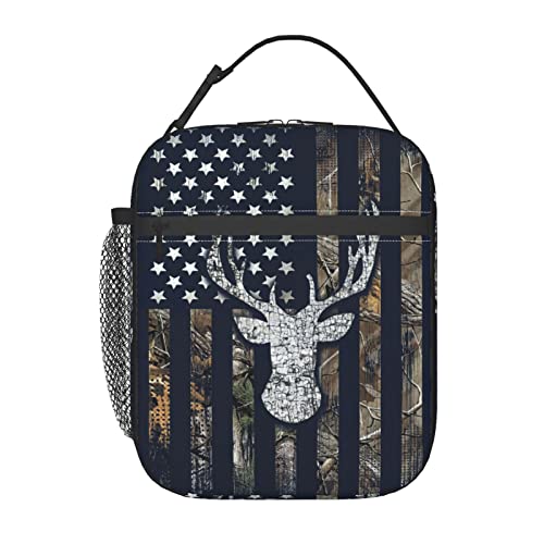 Deer Camo Camouflage American Flag Hunting Lunch Box For Boys Girls,Reusable Insulated Lunch Bag Thermal Lunch Kit Soft Cooler Lunch Tote Bag For Men Women Work Picnic #TOP28