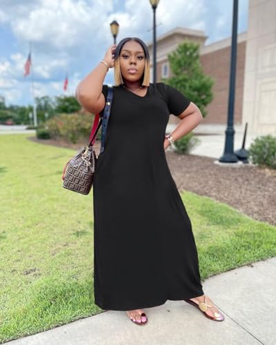 Image of TOPSRANI Womens Plus Size Maxi Dresses for Women Oversize Casual Short Sleeve V Neck Loose Plain Solid Trendy Summer Dress