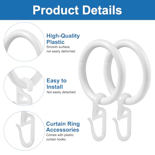 100 Stück Gardinenringe Weiß Set, 50 Stück Vorhangringe mit 50 Gardinenhaken, Kunststoff, Curtain Ring, 30 mm Innendurchmesser, Duschvorhang Ringe, Dauerhaft, Duschringe, für Vorhänge, Dusche, Türen