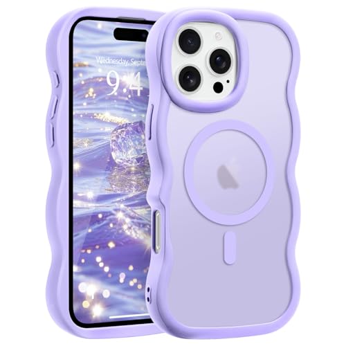 Pepmune for iPhone 16 Pro Max Case, Curly Wavy Frame Hard Translucent Matte Clear Back Cover for Women Men Compatible with Magsafe Shockproof TPU Bumper Phone Case for iPhone 16 Pro Max, Lavender