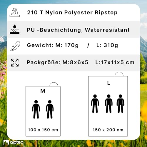 Alpteq® Picknickdecke 100 x 150 cm – Wasserdicht, Ultraleicht & Kompakt | Outdoor Decke in Grün für Picknick, Camping, Strand & Wandern | Modell BergWiese