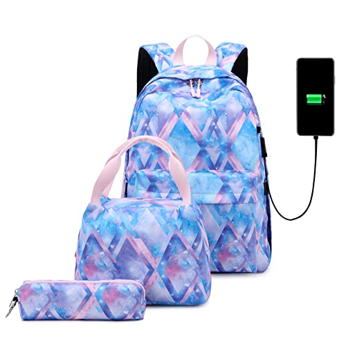 Mochila para meninas adolescentes com lancheira e estojo de caneta conjunto de 3 peças, mochila para