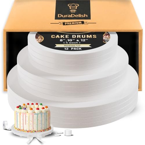 12-Pack Cake Drums 8,10 & 12 inch Reversible, Sturdy 1/2\" Thick, Greaseproof, White | Free Prop Up Tool + Matching Ribbon | Professional Round Cake Boards for Tiered, Wedding, Birthday Cakes