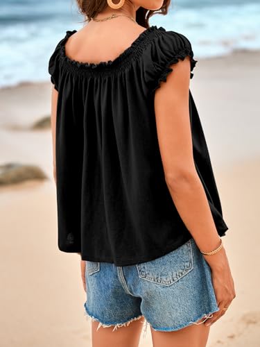 Image of Tankaneo Women Summer Tie Front Tank Tops Cap Sleeve Pleated Babydoll Tops Casual Loose Fit Going Out Flowy Shirt