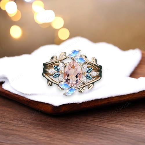 Pear Morganite Engagement Ring Set Solid Yellow Gold Flower Ring Leaf Moonstone Enhancer Band, Alexandrite Twig Branch Ring Diamond Cluster Wedding Jewelry Gift2