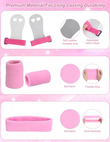 HAEZU Pink Gymnastics Hand Grips for Grils,6Pcs Gymnastics Bar Accessories - Including 2 Gymnastics Grips Gloves,2 Sports Wristbands,1 Sweat Headbands,1 Drawstring Bags