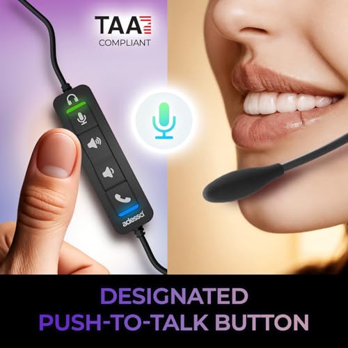 Image of Adesso Xtream P4T-TAA USB Headset with Microphone Push to Talk Button Volume Control Answer End Call for Computer PC Mac Windows Business Communication Made in Taiwan TAA Compliant