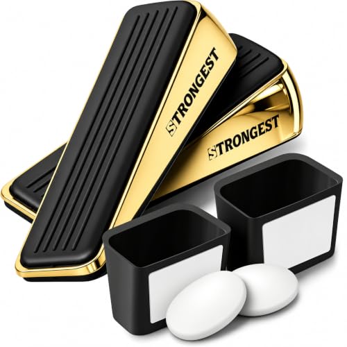 Image of STRONGEST HOME Gold Door Stoppers for Bottom of Door - Heavy Duty Metal Rubber Stopper, Non-Slip Door Stop for Heavy Doors, Works on Wood, Tile & Carpet, Wedge 2 PCs + 2 White Wall Protectors
