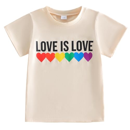 Toddler Pride Shirt for Boys Girls Kids Rainbow Heart Short Sleeve Love is Love Print Summer Children T-Shirt Top (Beige Love is Love, 1-2 Years)