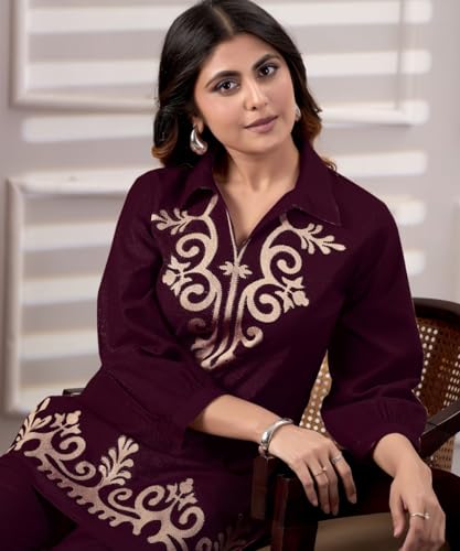 Image of Fashion Kurta Sets for Women | Co Ord Sets Stylish | Kurti Sets for Women | Short Kurti | Ethnic Embroidered Straight Kurta Sets with Pants Suits