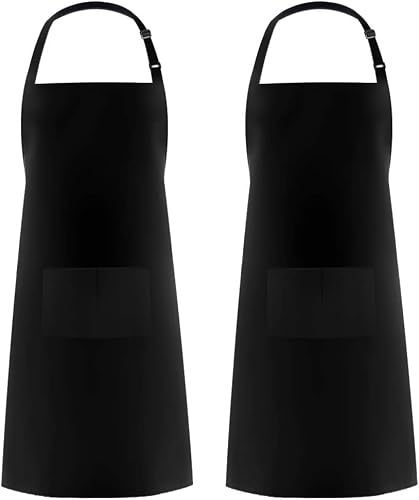 Image of PB TECH 2 Pcs Unisex Adjustable Bib Aprons with 2 Pockets, Black, One Size, Solid, Polyester, Machine Wash, For Home Kitchen, Restaurant, Coffee House
