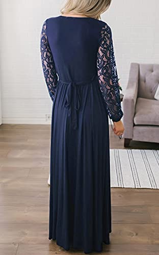 Zattcas Womens Vintage Floral Lace Long Sleeve Faux Wrap V Neck Party Long Maxi Dress Navy Medium