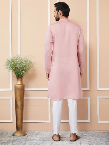 Image of See Designs Men's Long Sleeve Mandarin Collar Side Slit Off-White Embroidered Chanderi Silk Straight Kurta